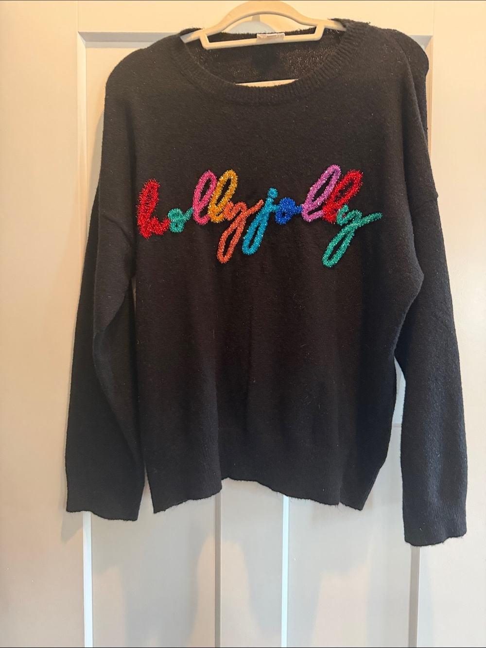 Le Lis Black Crewneck Sweater with Multicolor Embroidered Script
